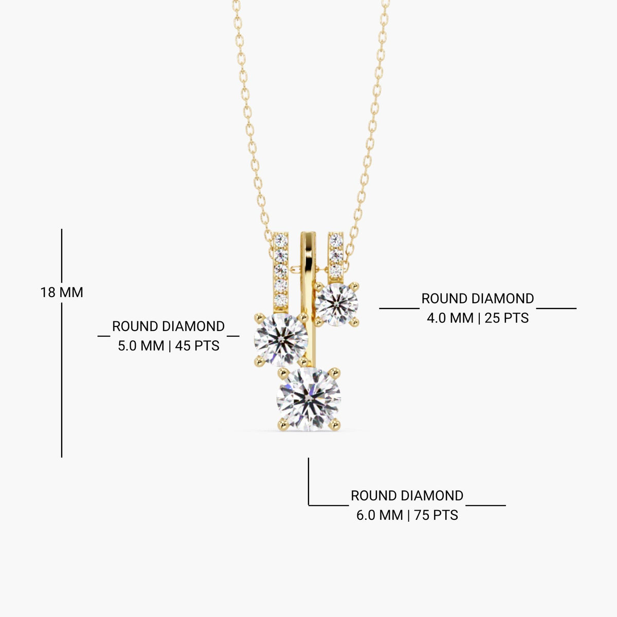 Diamond pendant necklace in 14K gold with measurements showing 18 mm height and round diamonds sized 6.0mm, 5.0mm, and 4.0mm