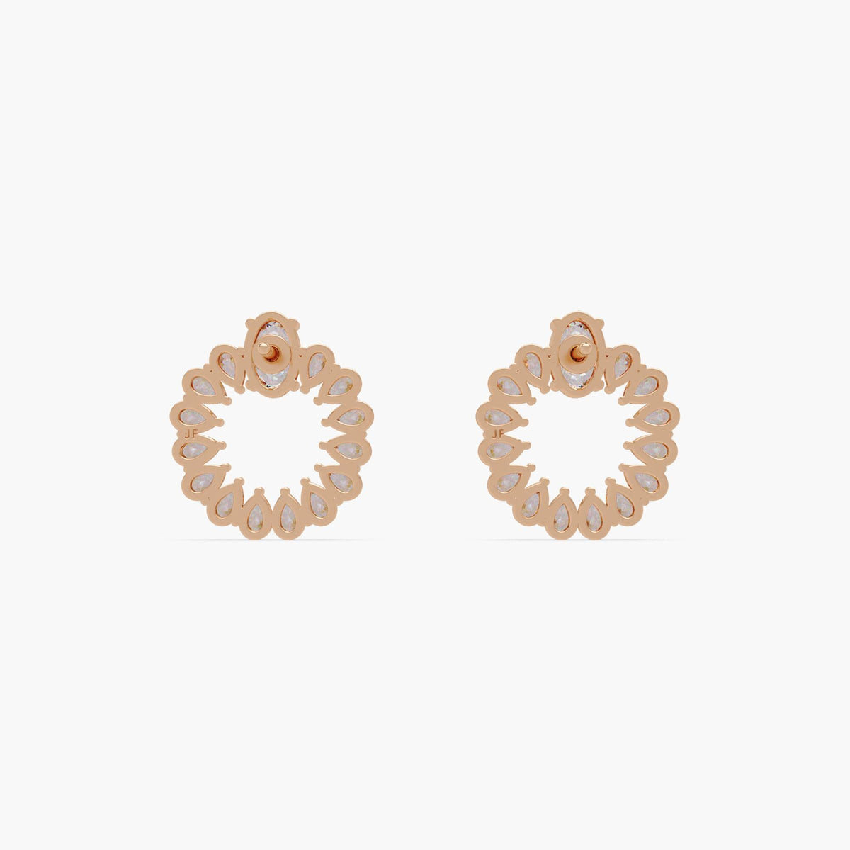 Elegant 14K gold hoop studs with halo diamonds.