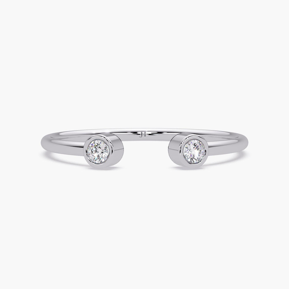 14k white gold open cuff ring with two bezel set natural diamonds.