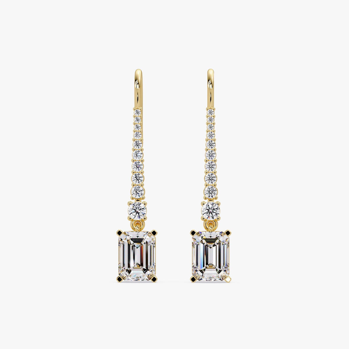 14K yellow gold emerald cut lab diamond drop earrings with pavé round diamond accents, 35mm long statement dangle design