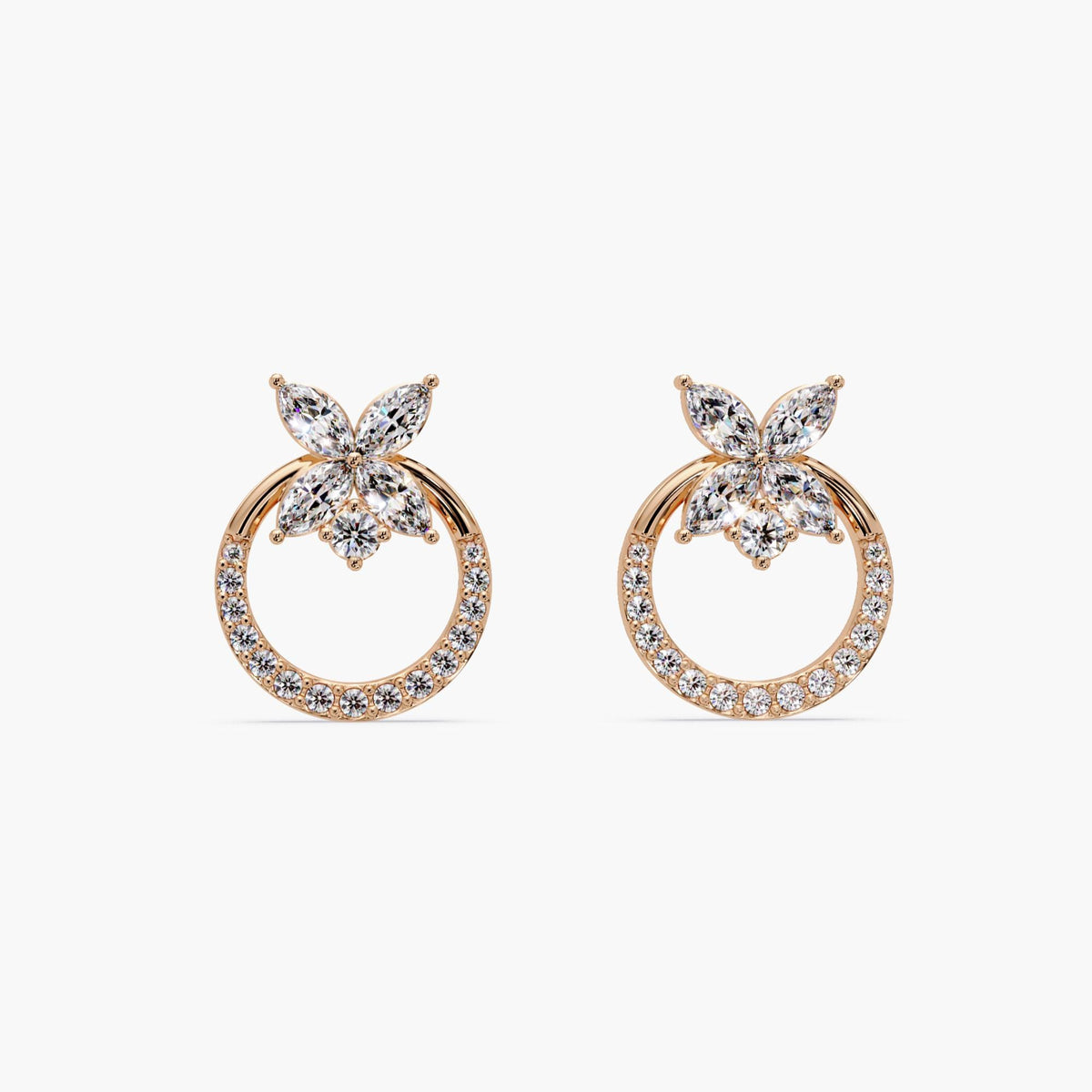 Lab grown diamond marquise flower earrings with sparkling rose gold hoop studs