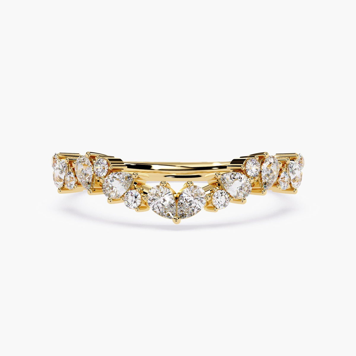A curved gold half eternity ring with marquise and round shaped diamonds.