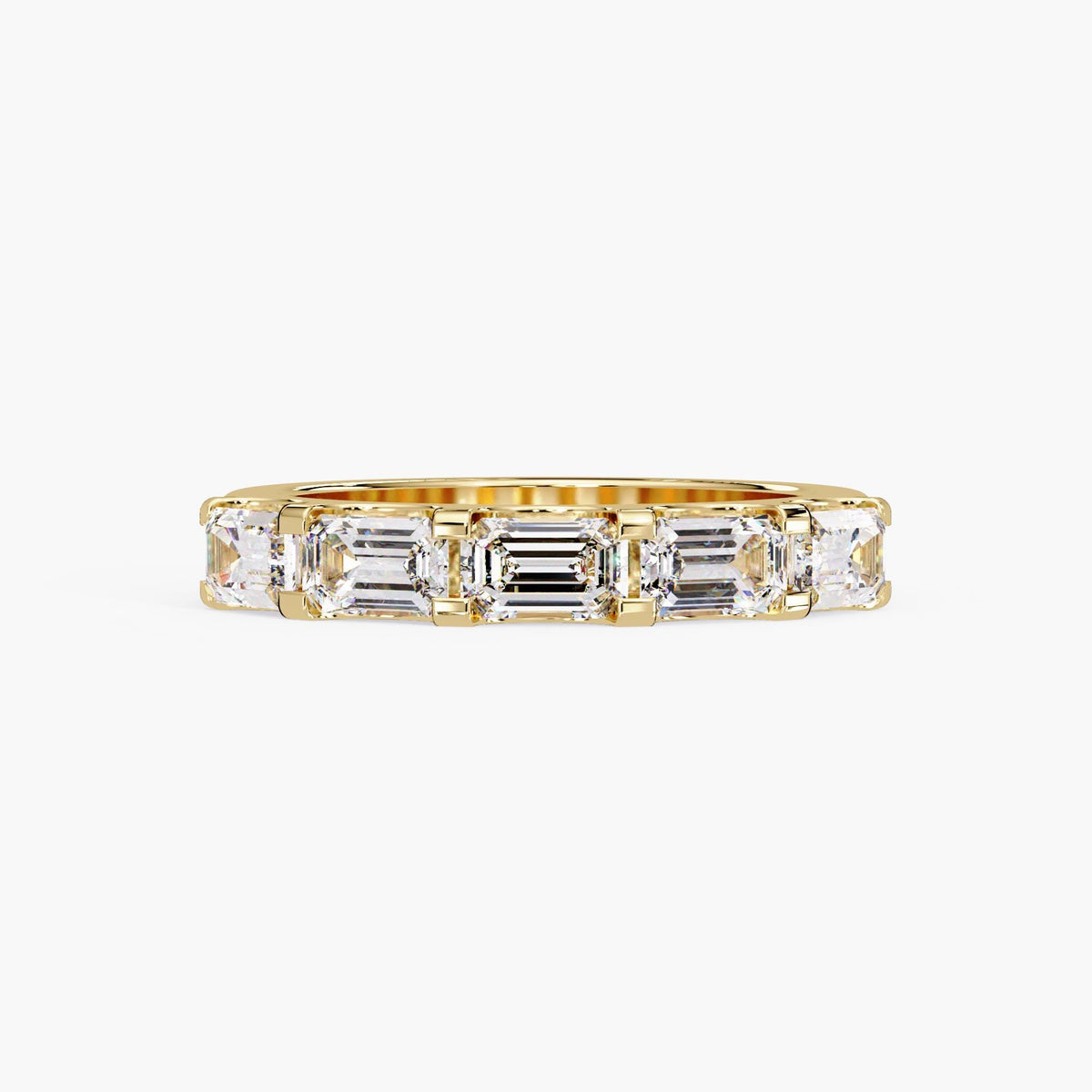 Five-stone emerald cut diamond band in 14K yellow gold featuring lab-grown diamonds, 1.5 CTW total, prong-set east-west for a modern wedding or anniversary ring.