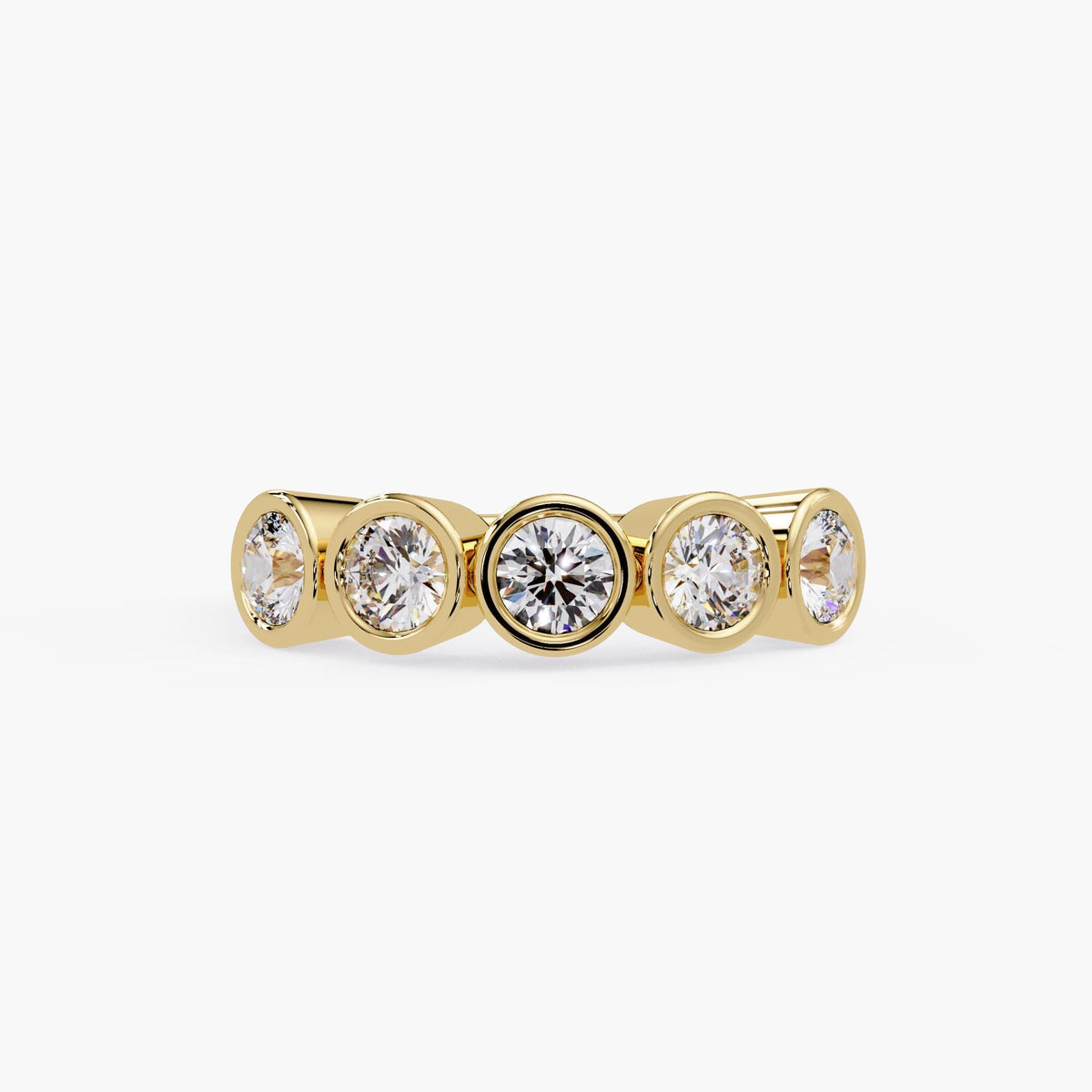 14K gold bezel diamond band with five round diamonds.