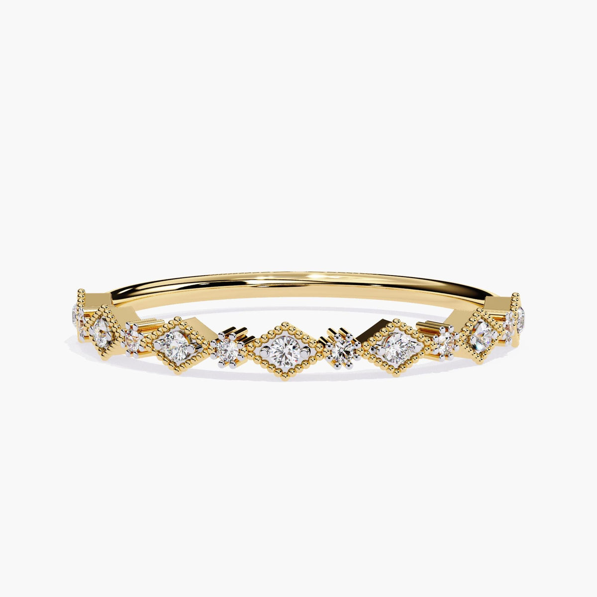 A 14k gold half eternity band featuring alternating round lab-grown diamonds in marquise-shaped milgrain frames and prong settings. The diamonds are arranged in a repeating Art Deco pattern along the top of the ring.