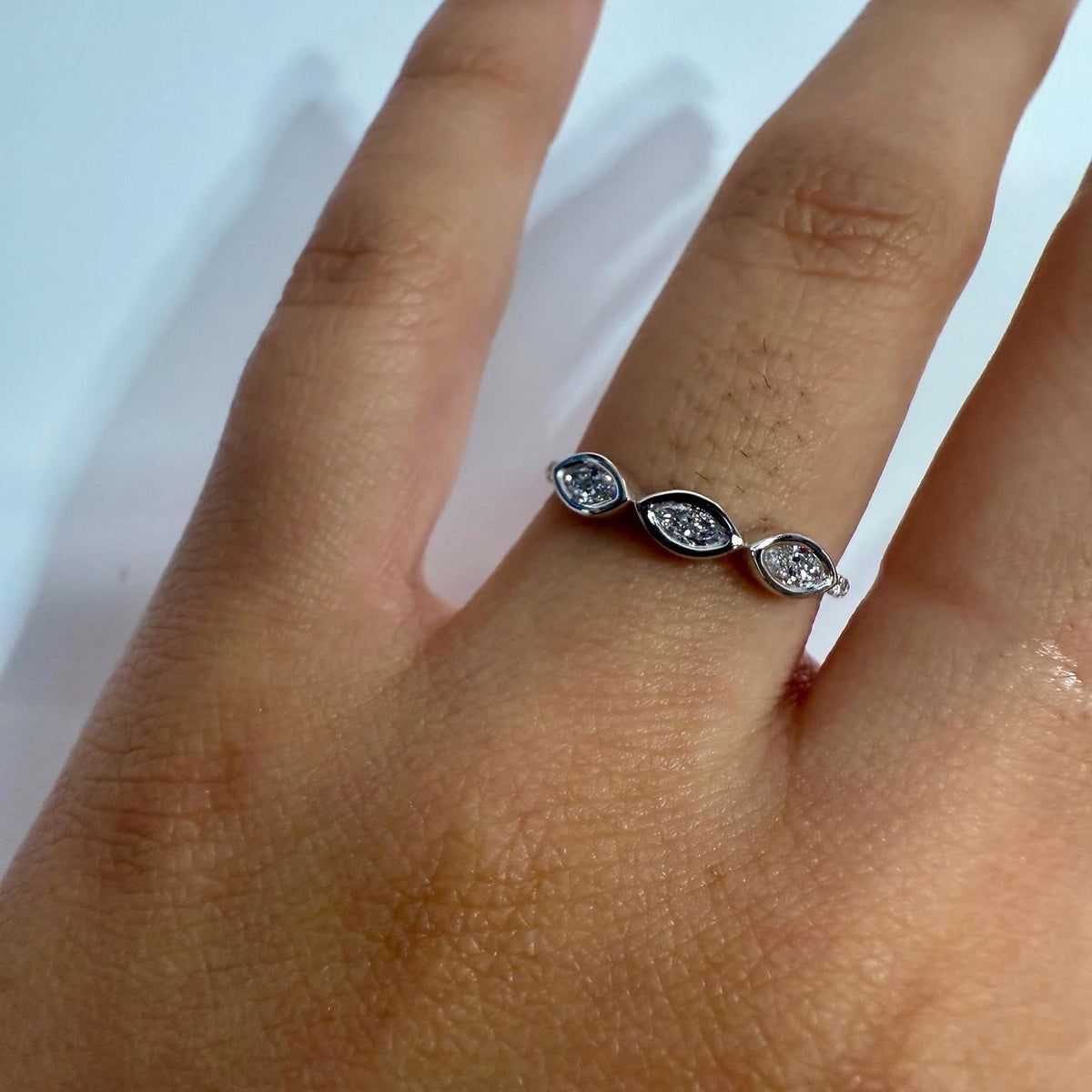 14K Gold Marquise Lab Diamond Bezel Band: Stackable Wedding Ring