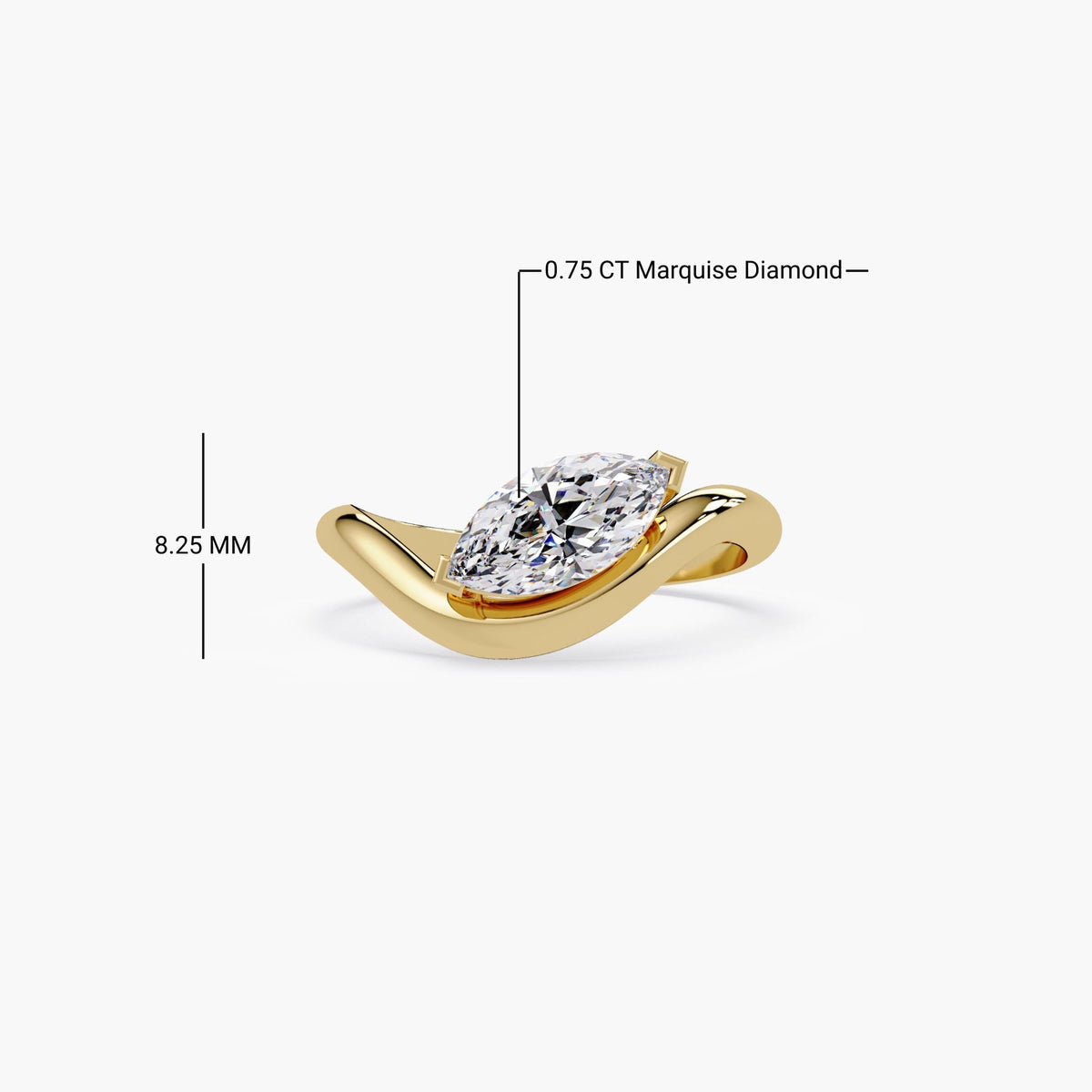 14K yellow gold ring featuring a 0.75 carat marquise-cut lab grown diamond in a modern bypass setting, showcasing a fluid east-west design with a high-polish finish.