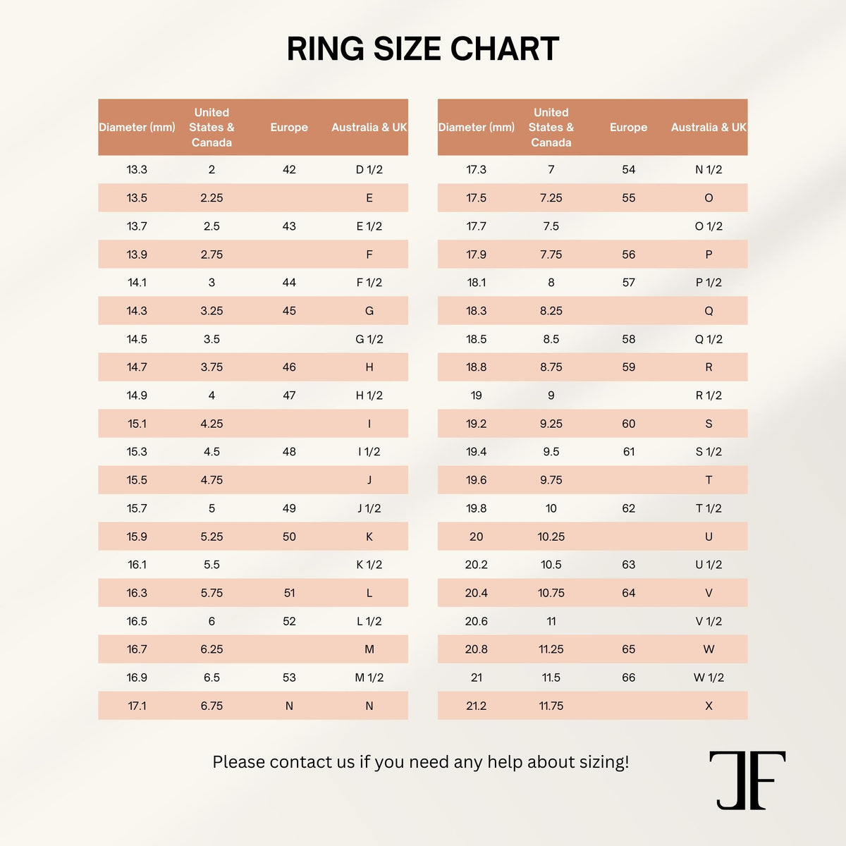 Ring size chart with US measurements for selecting the right fit.