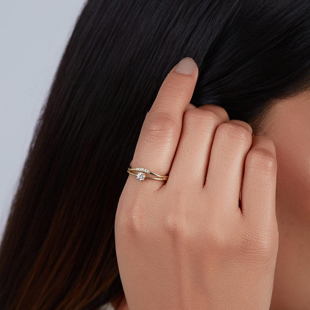 14K Gold Lab Diamond Chevron Ring | 0.15 CT Dainty Solitaire Ring with Curved Band | Simple Diamond Promise Ring in Rose, White, Yellow Gold