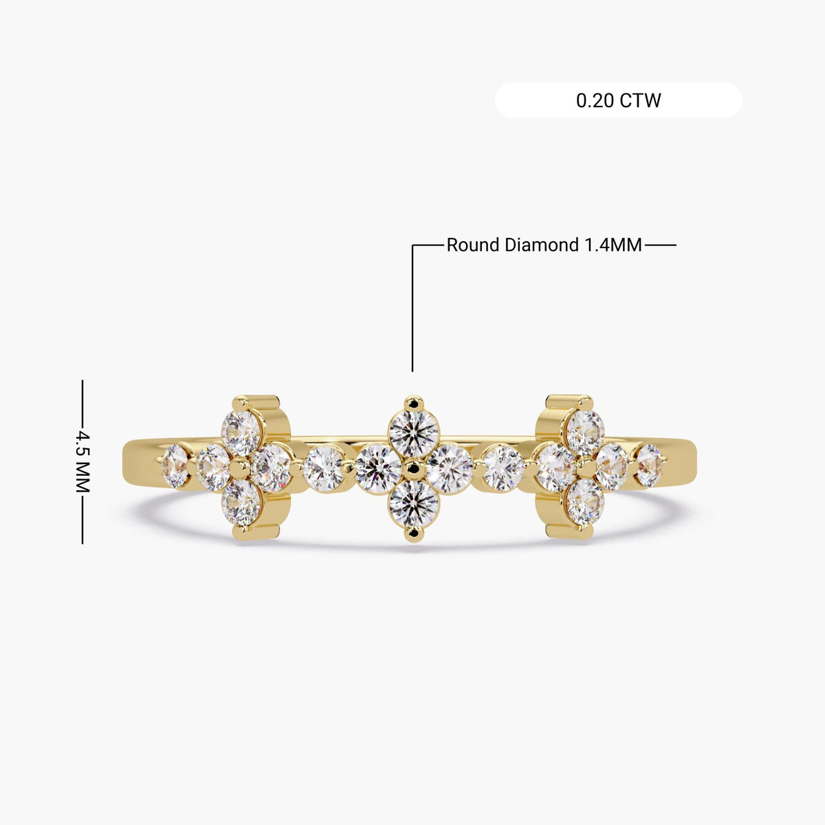 14K gold lab grown diamond ring with 0.20 CTW, featuring three floral clusters of 1.4mm round diamonds and a 4.5mm ring face height