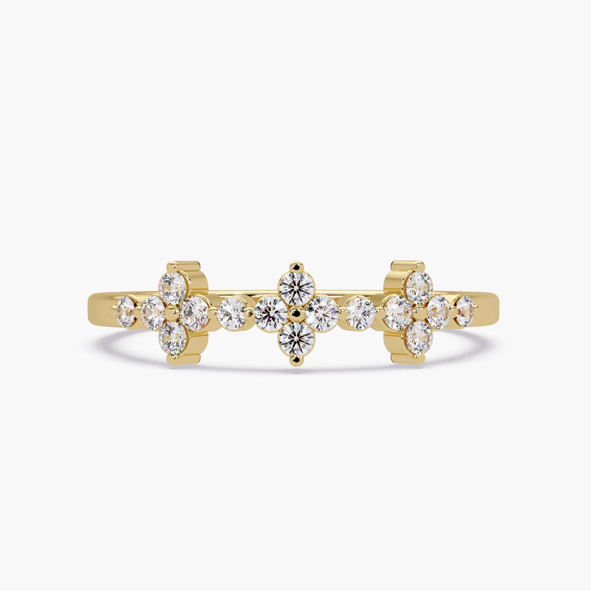 14K yellow gold lab grown diamond ring with three floral cluster stations in a prong setting, designed as a dainty stackable band