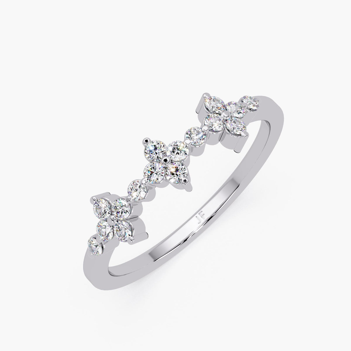 14K white gold lab grown diamond ring with three floral clusters in a prong setting, shown as a minimalist stackable band
