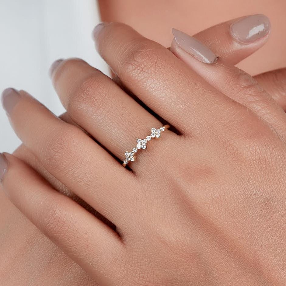 14K gold floral diamond ring with lab grown diamonds, shown stacked as a minimalist cluster band for everyday or promise wear
