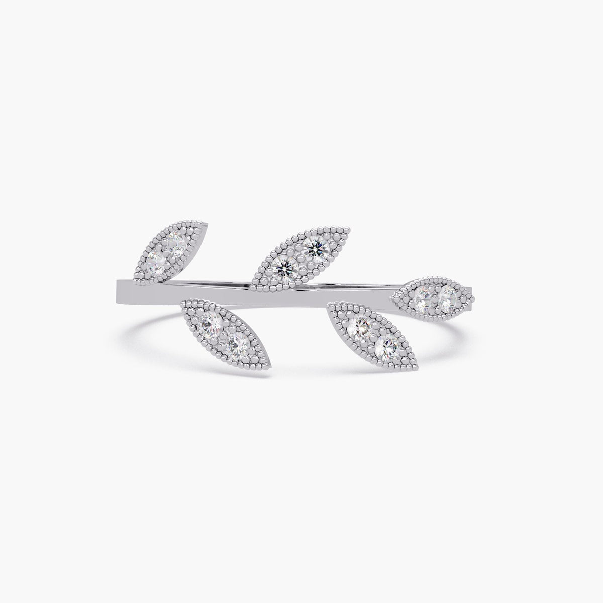 Dainty diamond leaf ring in solid 14K white gold with ten sparkling diamonds