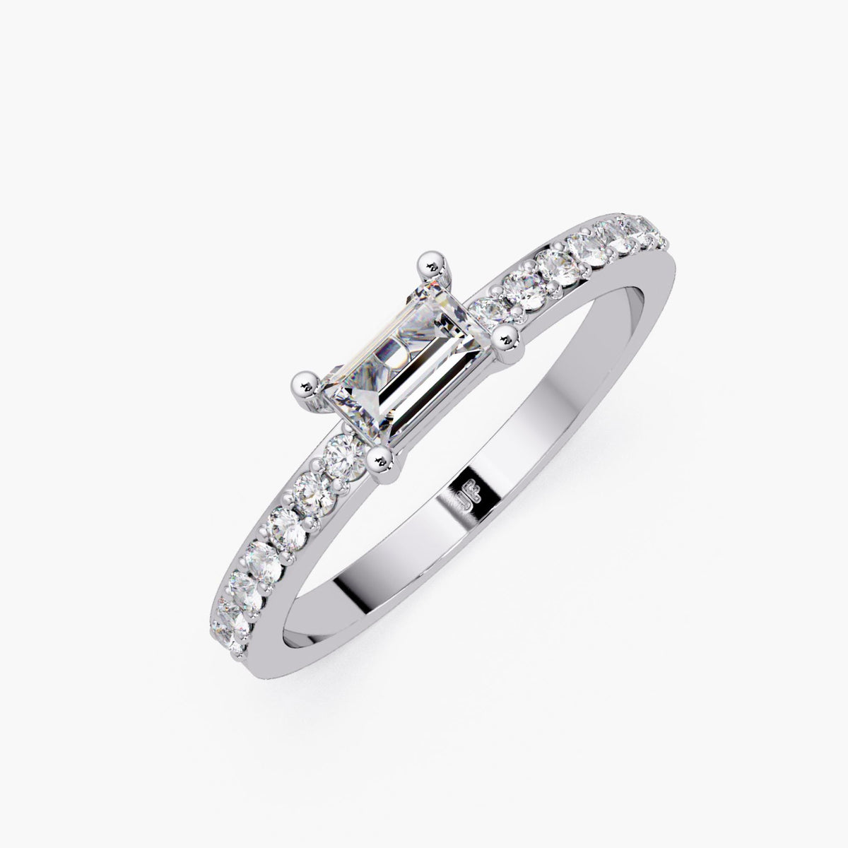 14K white gold baguette diamond ring with 0.40 CTW lab-grown center stone in an east-west solitaire setting and petite pave band