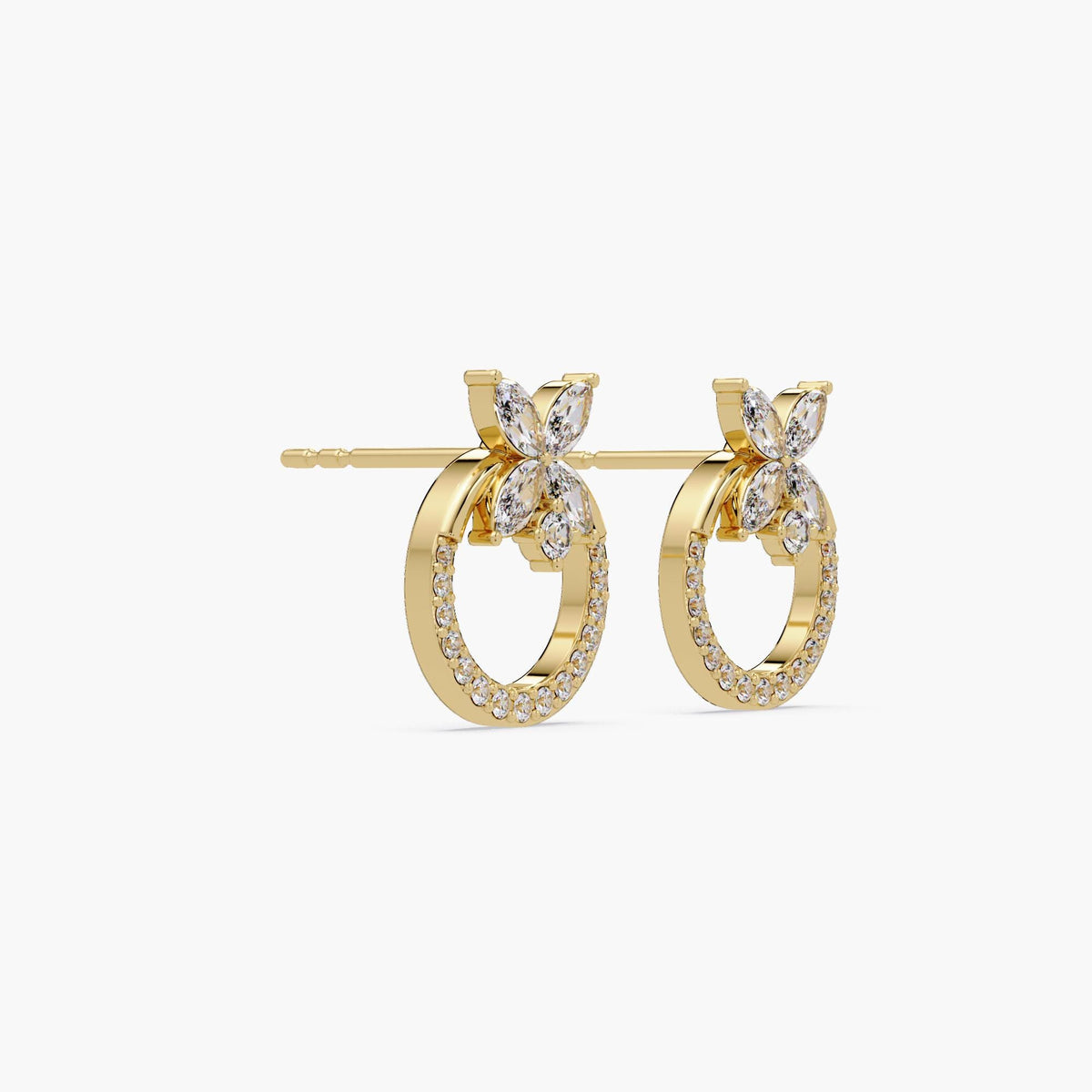 Luxury lab diamond earrings, 14k gold floral circle design for weddings
