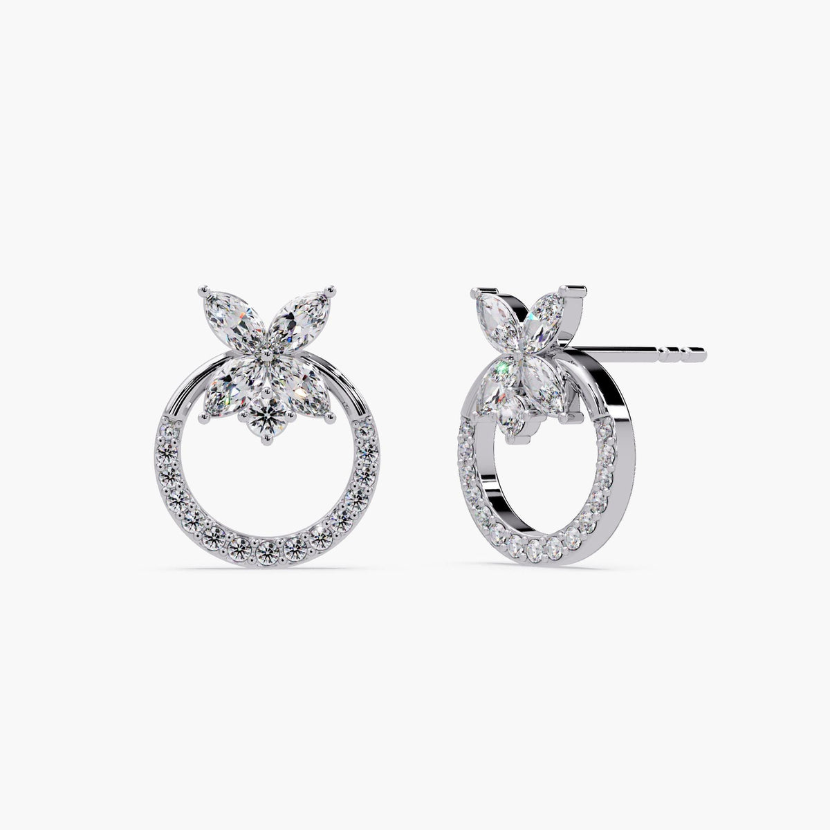 Unique wedding jewelry, 14k white gold earrings with marquise and circle diamonds