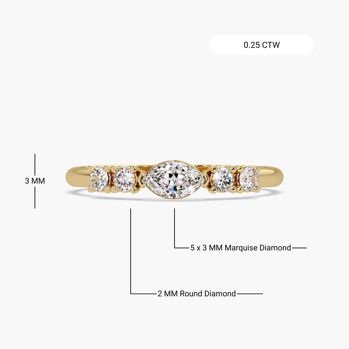 14K yellow gold marquise diamond ring with round side stones, 0.25ct lab-grown stacking ring for everyday wear or promise gift.