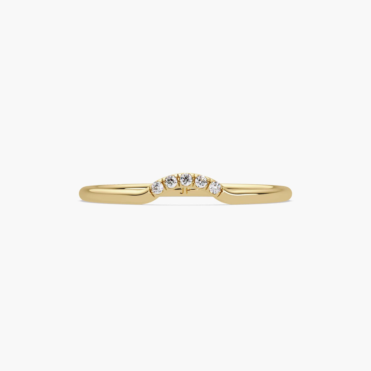 Close-up of a curved 14k gold diamond band with five pavé-set natural diamonds.