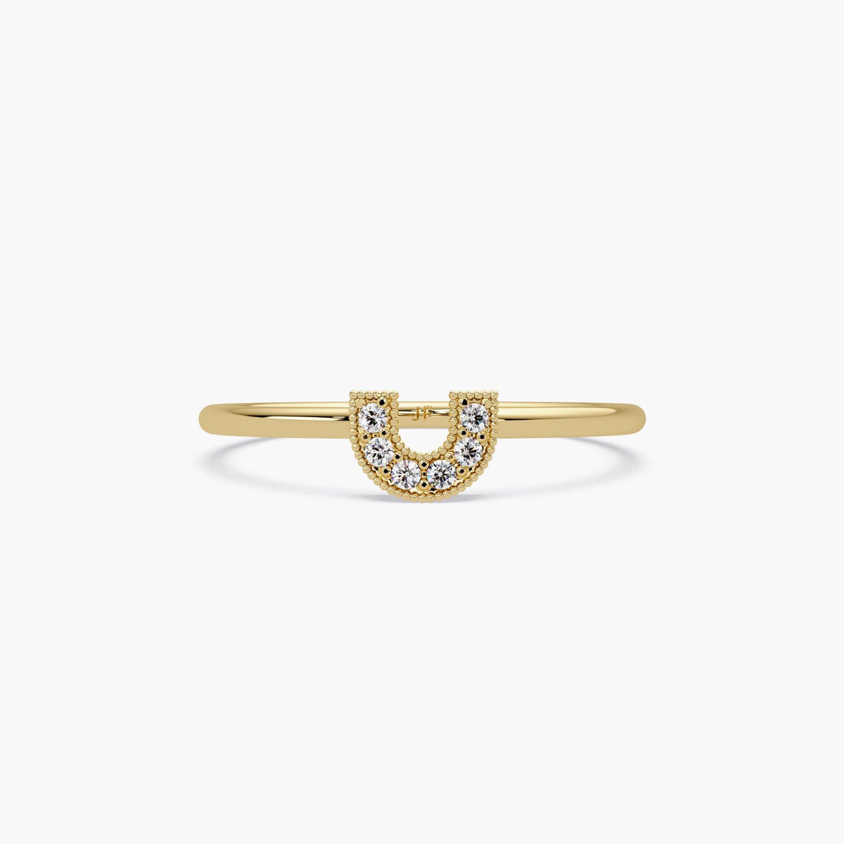 14k gold horseshoe diamond ring with six pavé set natural diamonds.