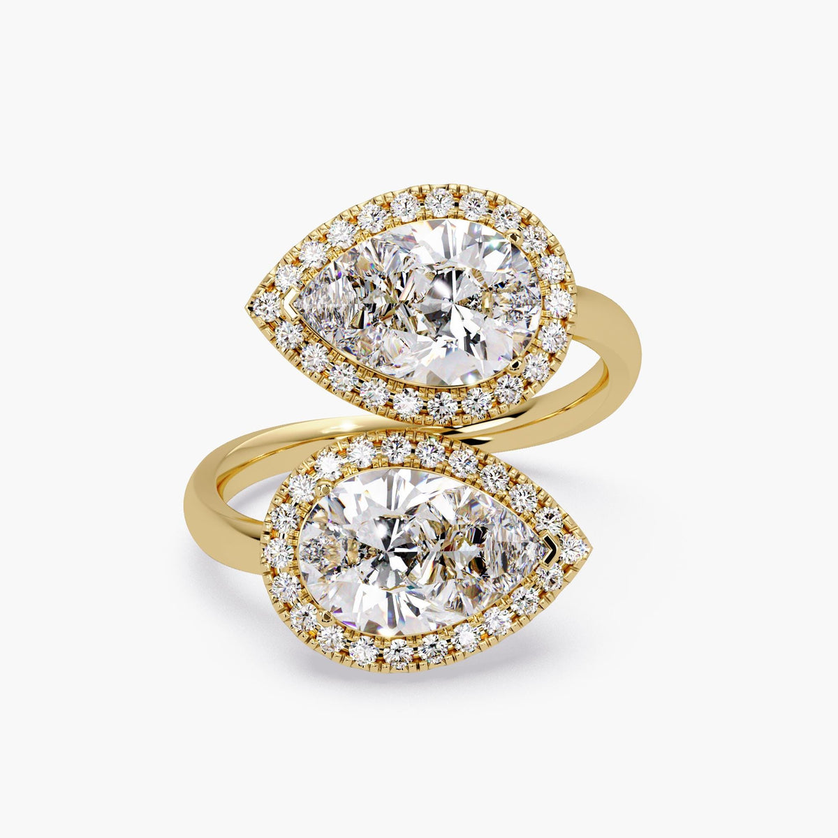 14K Yellow Gold Toi et Moi Ring featuring two pear-shaped IGI-certified lab-grown diamonds framed in halo pavé, bypass-style band design.