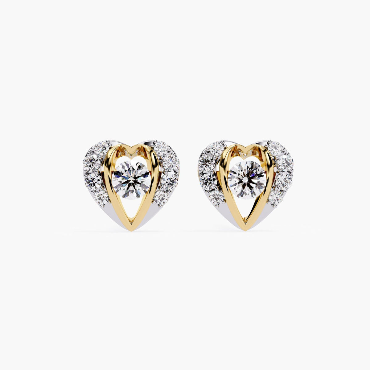 A pair of small heart-shaped earrings featuring a solitaire diamond at the center, surrounded by a pavé diamond setting.