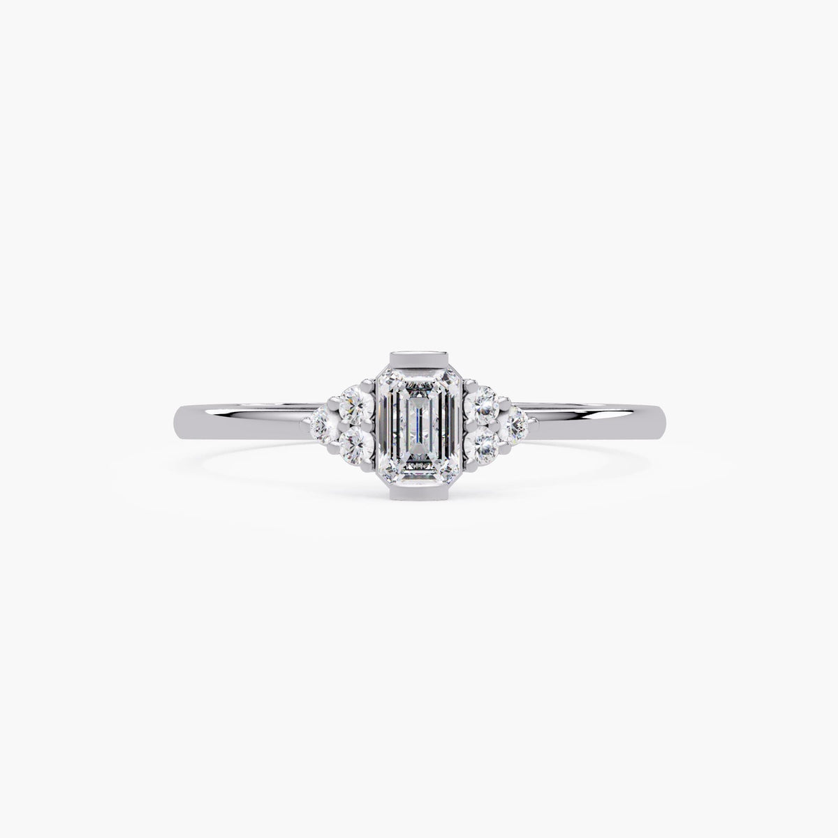 14K gold emerald cut cluster diamond ring displayed on white background.