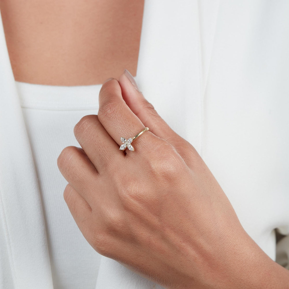 14K Gold Lab Diamond Clover Ring: Marquise Floral Engagement