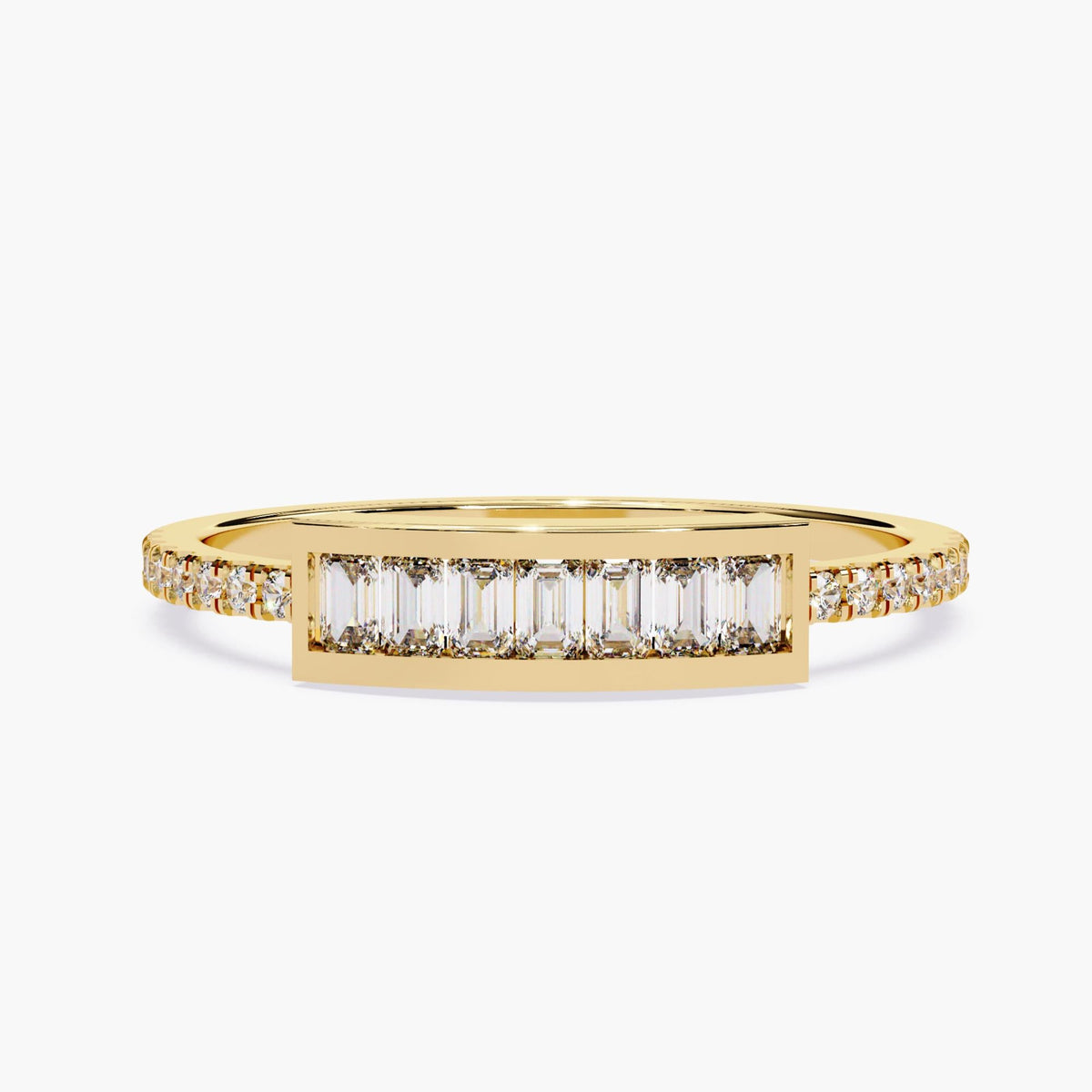14K gold ring with a horizontal bar of baguette lab-grown diamonds in a sleek channel-style setting and pavé diamond shank.