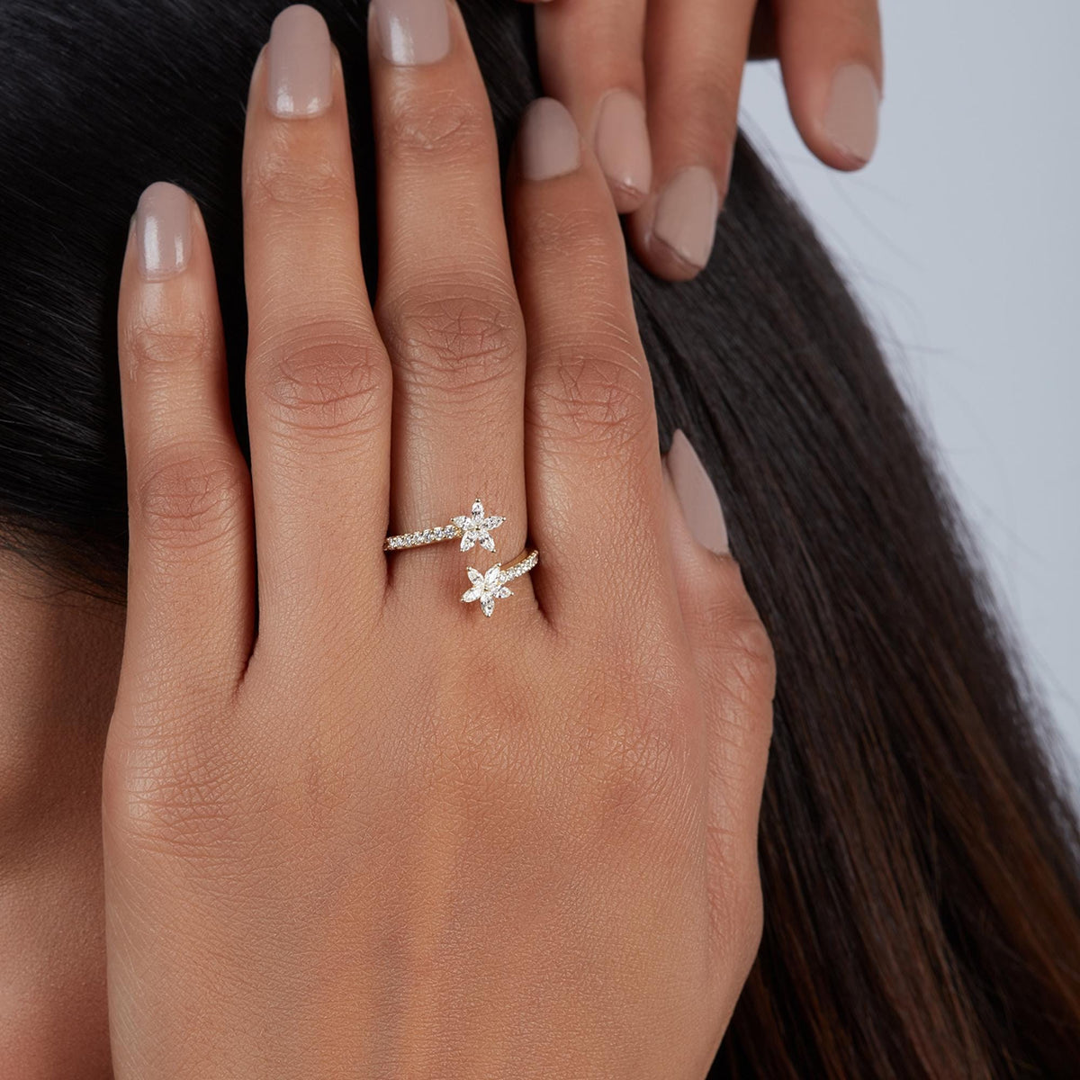 14K Gold Marquise Diamond Flower Bypass Ring | Pave Wrap Band | Statement Index Finger Ring | Floral Diamond Gift