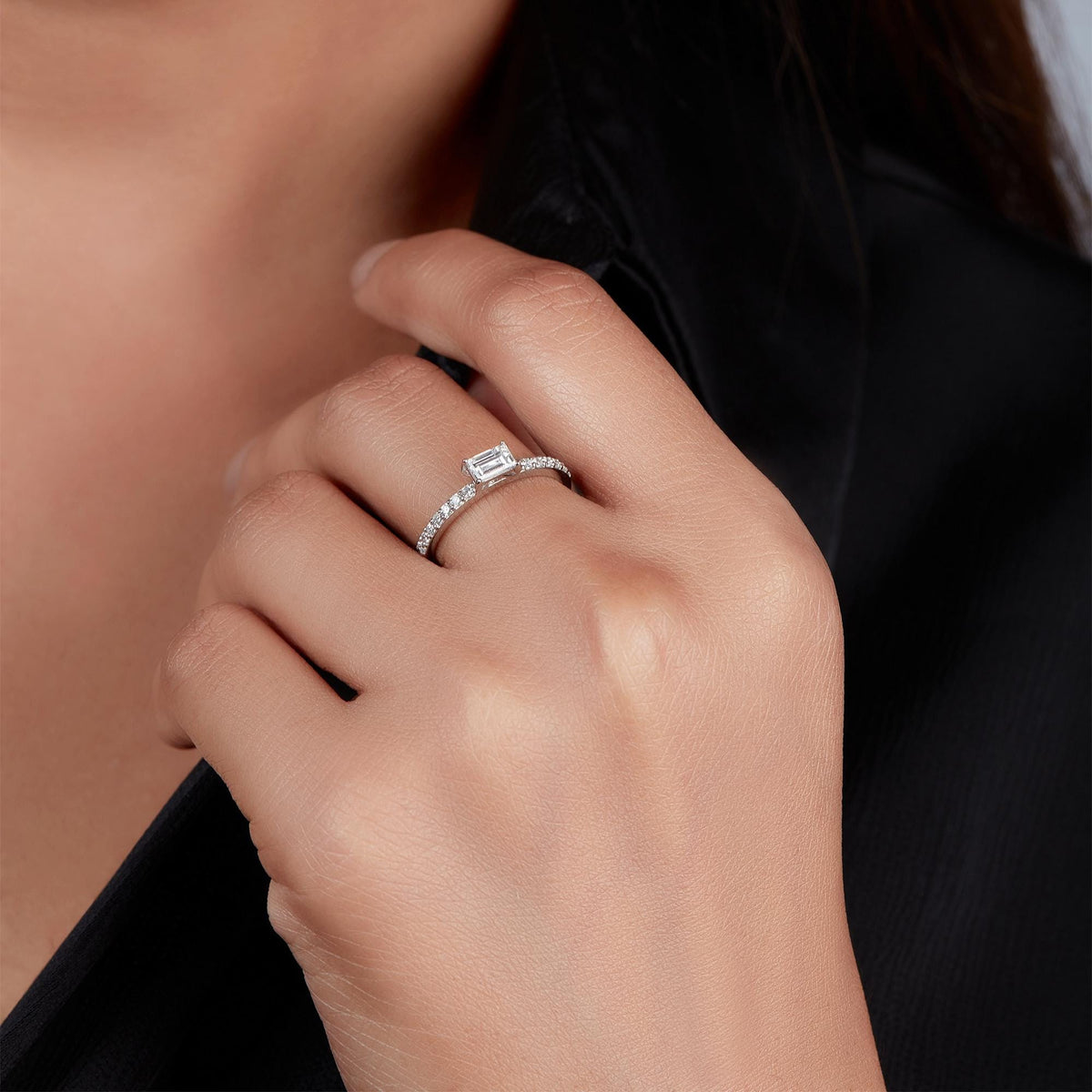 Baguette Diamond Ring | Lab Grown 0.40 CTW East West Engagement Ring | Petite Pave Band