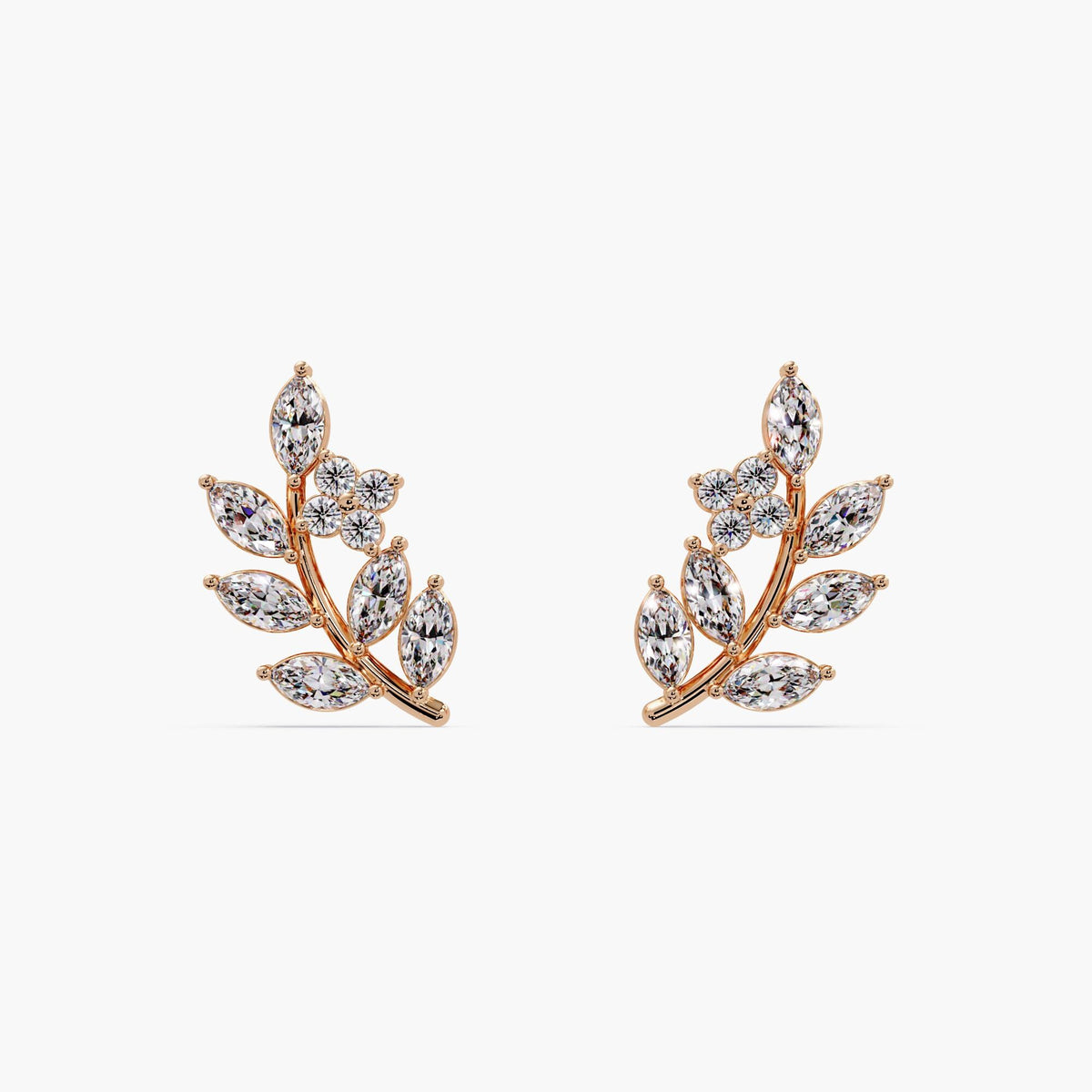 Marquise Leaves Earring / Diamond Prong Climber Vines / Diamond Vine Earrings / 14K Rose Gold / Pink Diamond Studs / Lab Diamond Vine Earrings / Vine Earrings Gold with Diamonds / Little Diamond Leaf Earrings / Marquise Leaf Earrings / Leaf Wedding Earrings Climber / Branch Earrings / Solid Gold Nature Earrings