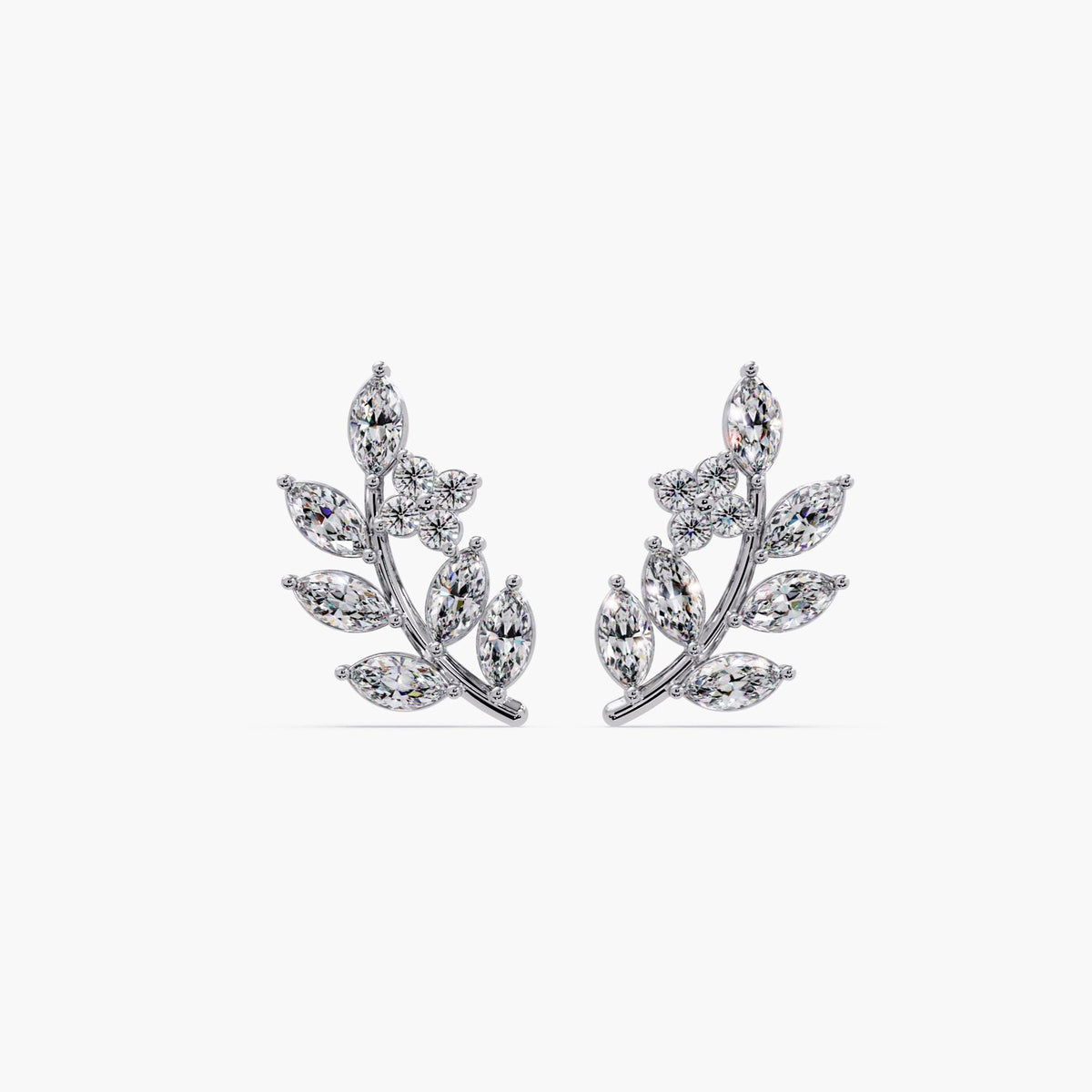 14K Gold Diamond Leaf Earrings, 0.70 Ct Marquise Leaf Wedding Studs, Diamond Vine Earrings with Pink Diamond Flower Studs