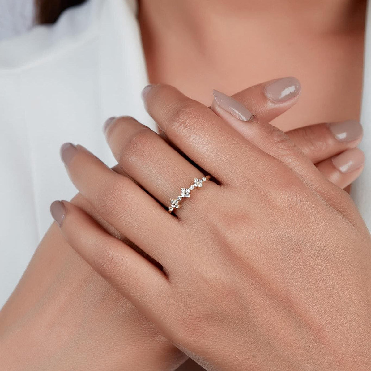 14K gold lab grown diamond ring with three floral clusters, styled as a dainty stackable promise ring