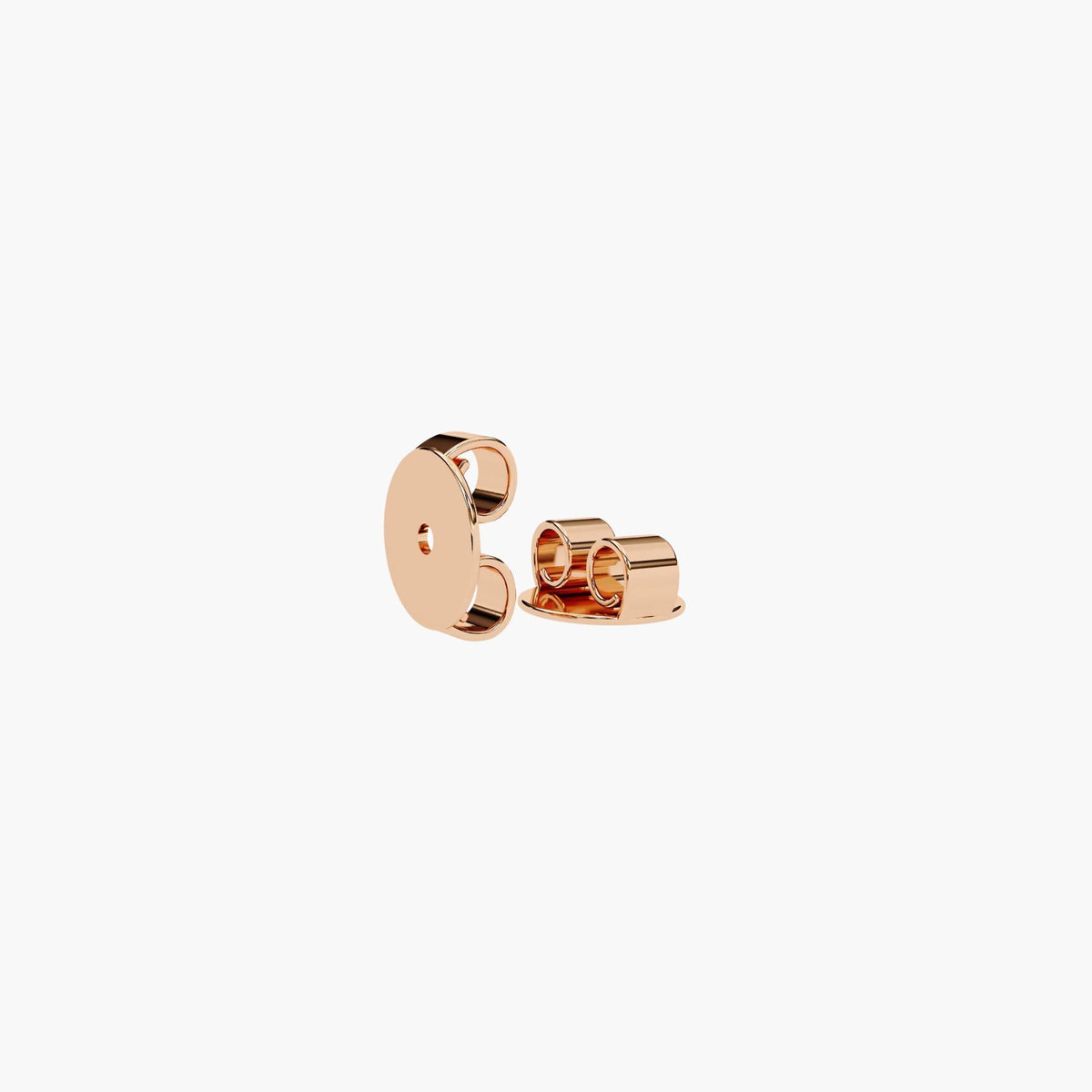 Close-up image of a pair of rose gold earring backs showing smooth polished finish and secure push-back design.