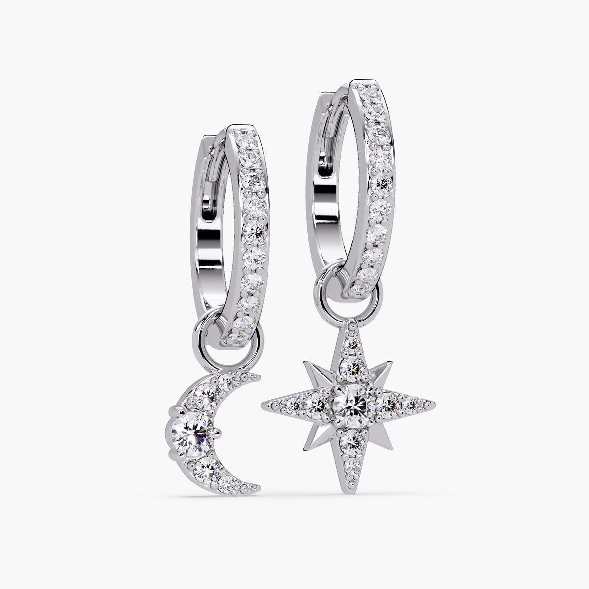14K White Gold Moon and Sun Diamond Huggie Earrings, Minimalist Celestial Fine Jewelry Gift Idea