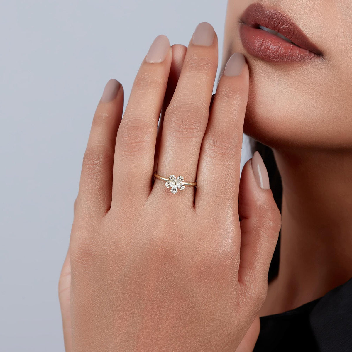 14K Gold Diamond Flower Ring: Pear Cut Petal Cluster, 0.40 ctw