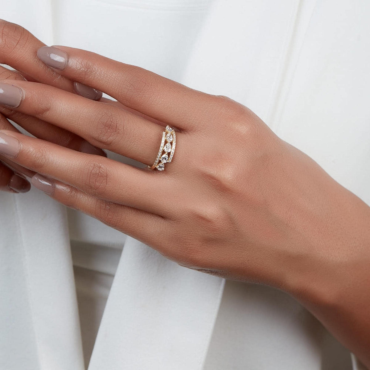 14K Gold Lab Grown Diamond Band | Pear and Round Diamond Ring | Multi Row Wedding Band | 0.80CT Bridal Anniversary Gift