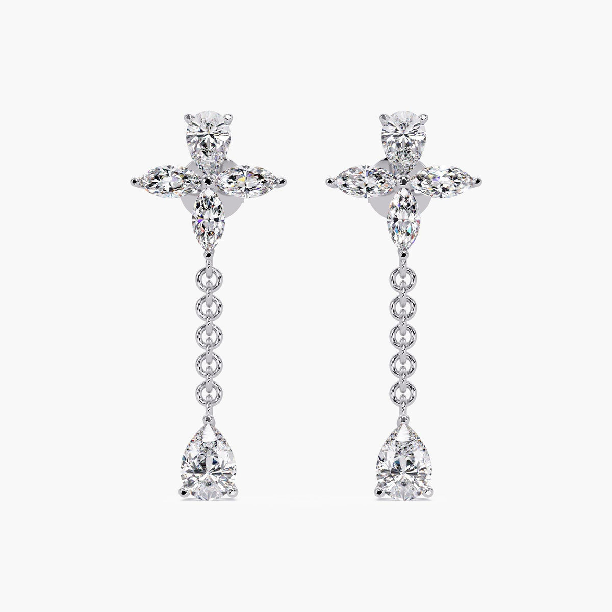 14K white gold marquise and pear lab diamond floral drop earrings with dangling chain and pear teardrop ends