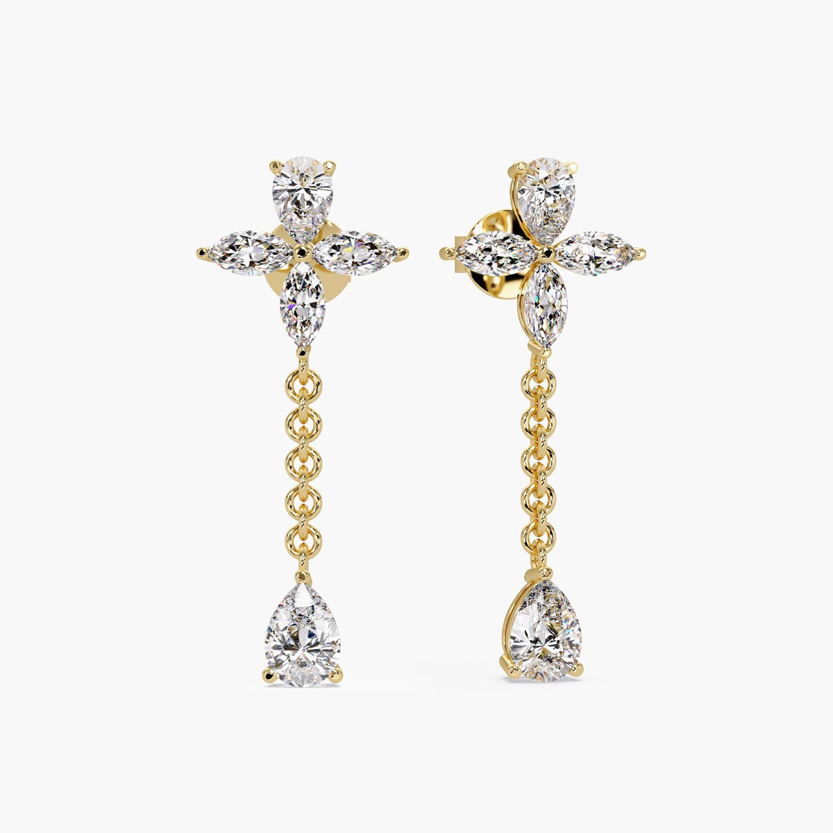 14K yellow gold marquise and pear lab diamond floral drop earrings with chain link design