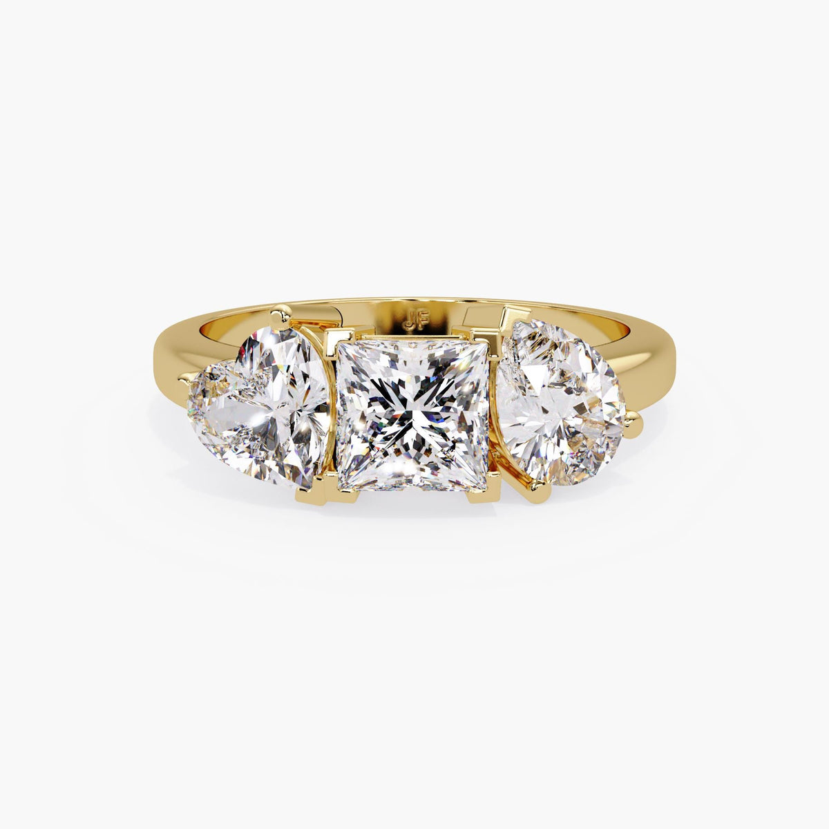 14K yellow gold three-stone lab diamond ring with princess, heart and pear diamonds, 2.20 CTW fine jewelry