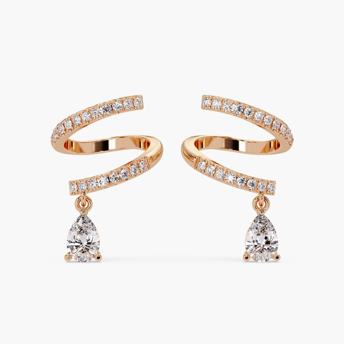 14K rose gold spiral pavé diamond earrings with pear-shaped lab diamond drop,