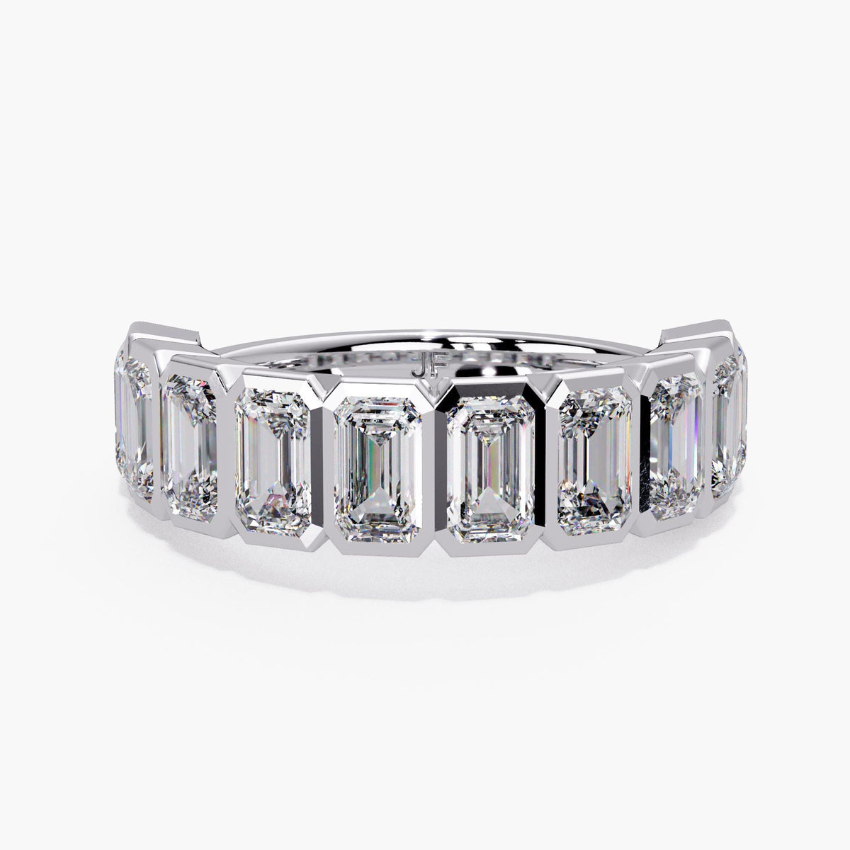 A sculptural emerald-cut diamond band designed to stand out with clean geometry and exceptional sparkle.
This 2.5+ CTW bezel-set half-eternity ring features ten 5×3 mm emerald-cut lab diamonds, each framed in a sleek, modern bezel for secure everyday wear.
Perfect as a wedding band, anniversary band, right-hand ring, or a bold stacking piece.