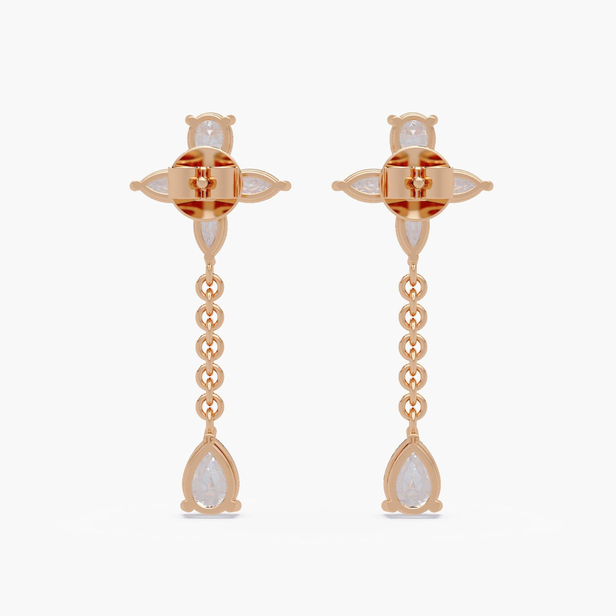 14K rose gold marquise and pear lab diamond floral drop earrings with dangling chain and pear teardrop ends