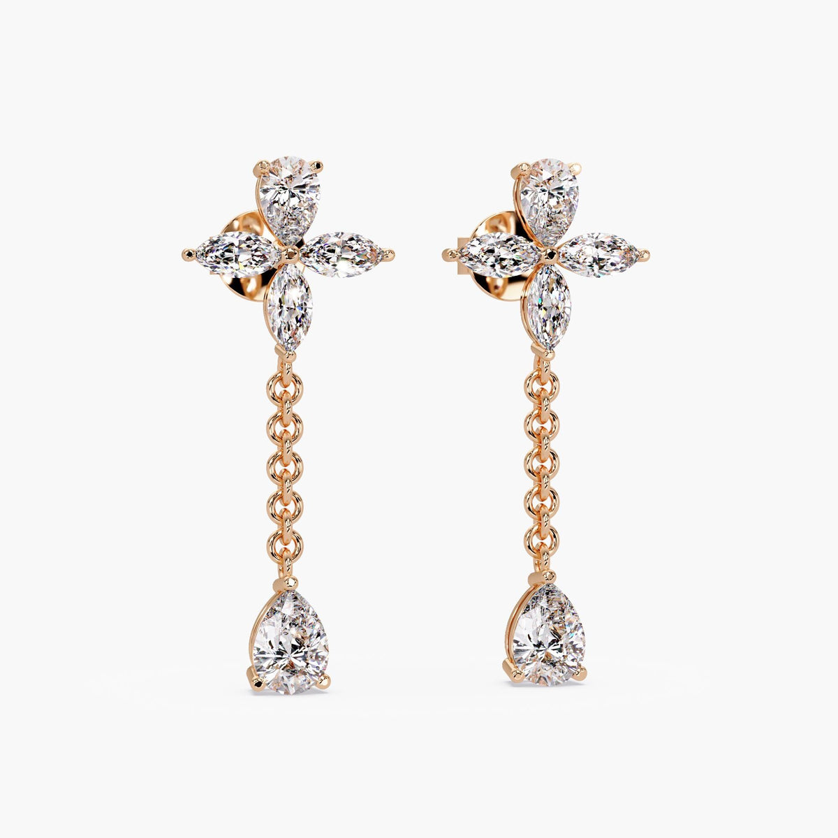 14K rose gold marquise and pear lab diamond floral drop earrings with dangling chain and pear teardrop ends
