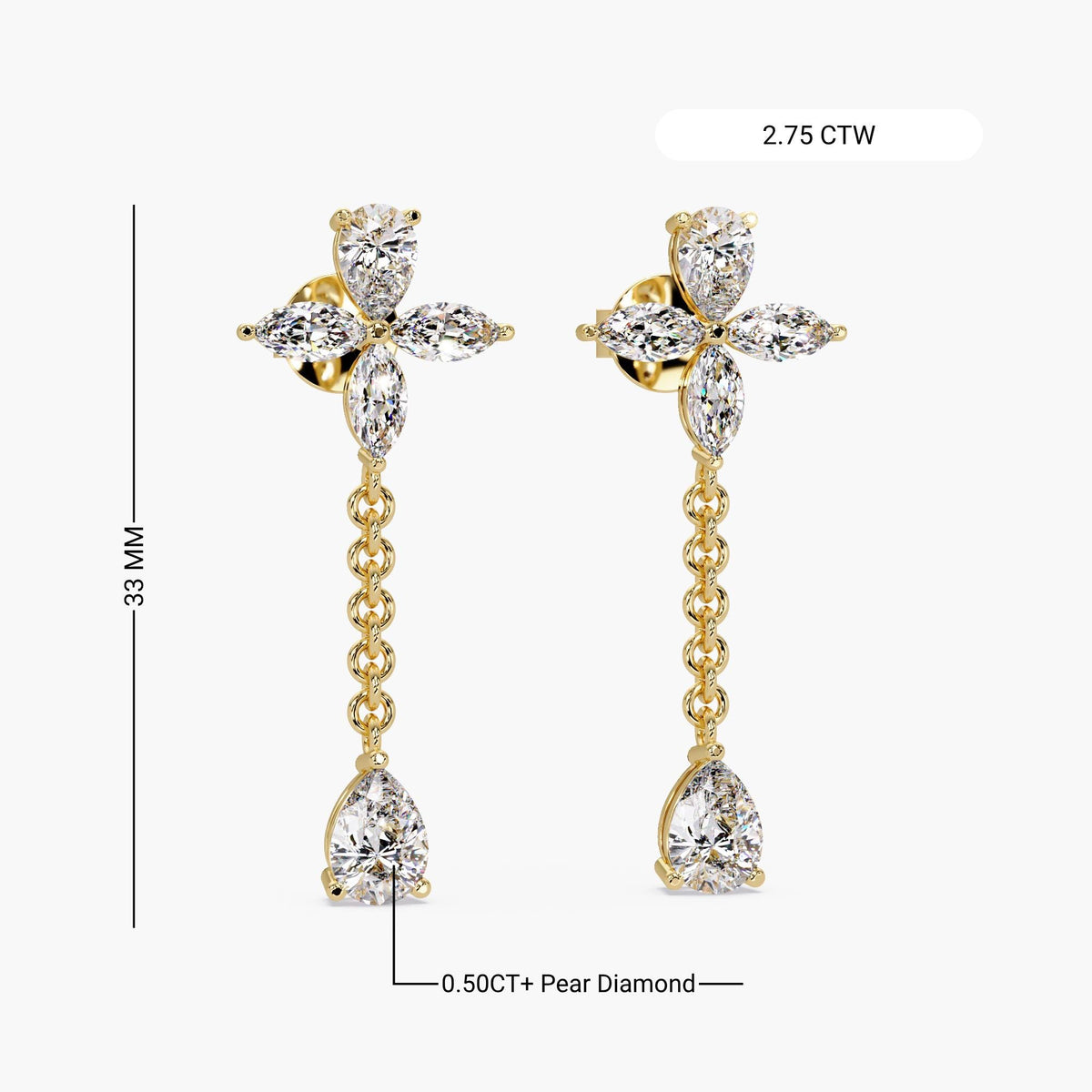 14K gold floral diamond drop earrings 33mm length with 0.50ct pear diamond teardrops, total 2.75ctw