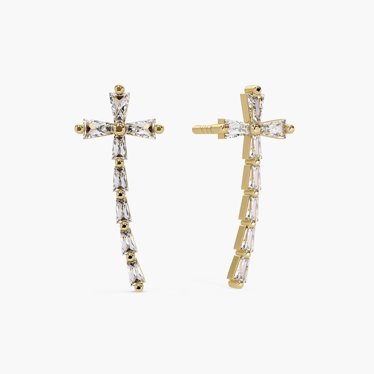 14k gold diamond cross earrings with baguette lab diamonds