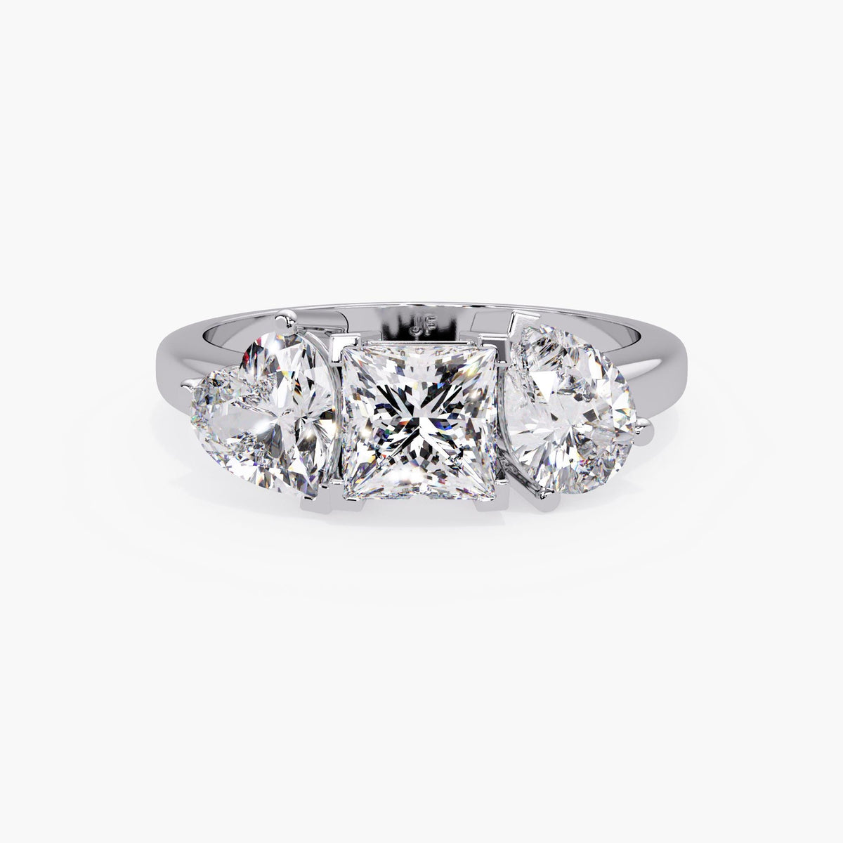 14K white three-stone lab diamond ring showing prong setting and polished band detail