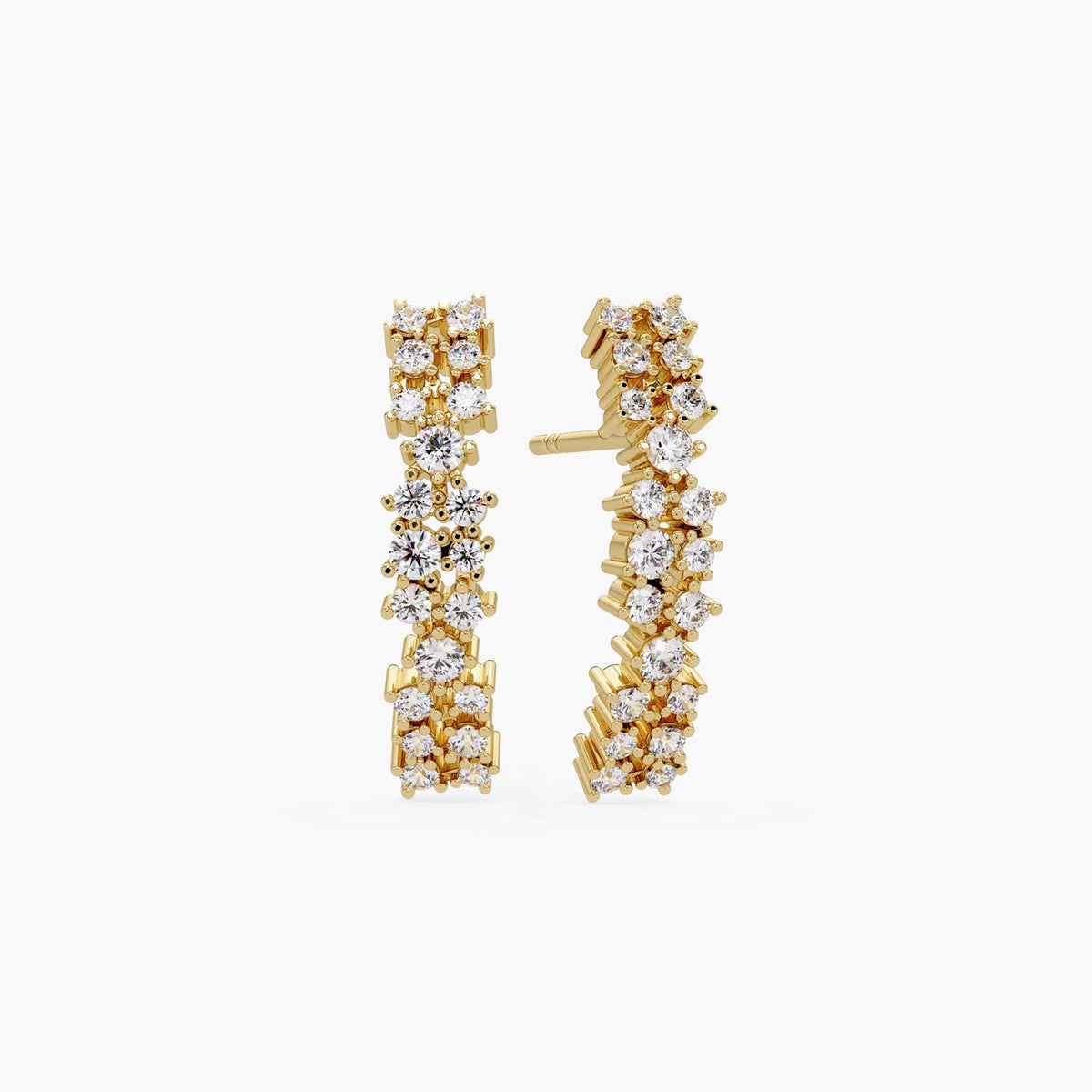 14K gold diamond cluster half hoop earrings with round lab-grown diamonds arranged in a curved silhouette.