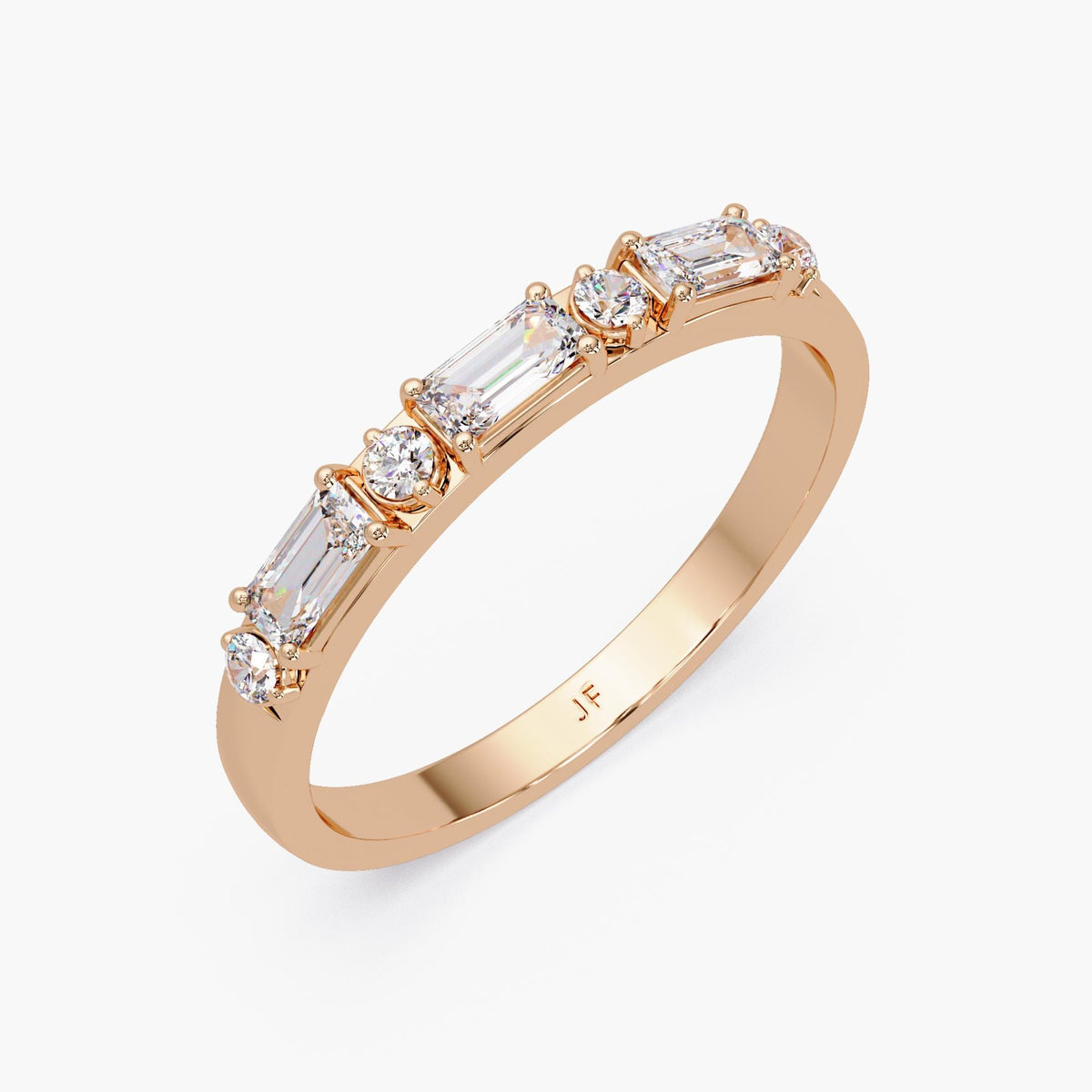 Rose gold version of alternating emerald and round diamond band, prong-set, 0.30 CTW.
